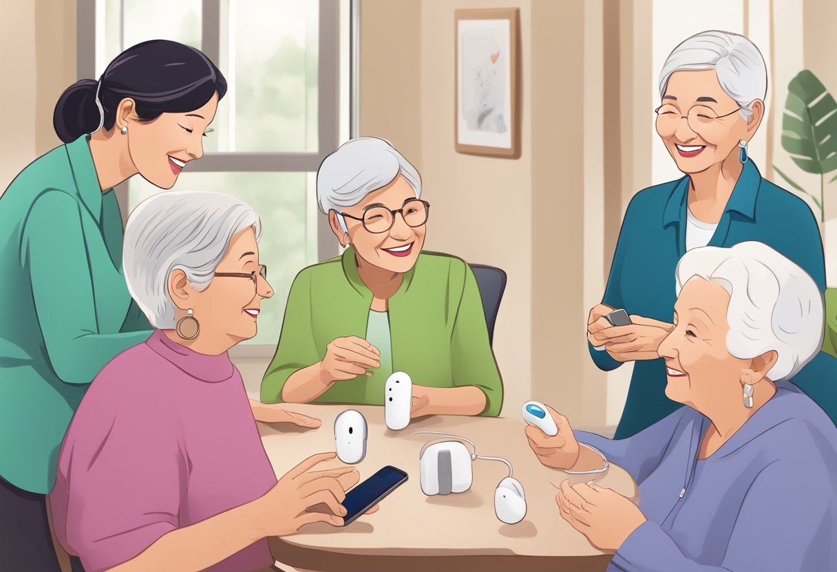 An AirPods-like device modified with hearing aid components, displayed next to a group of elderly women smiling and engaged in conversation