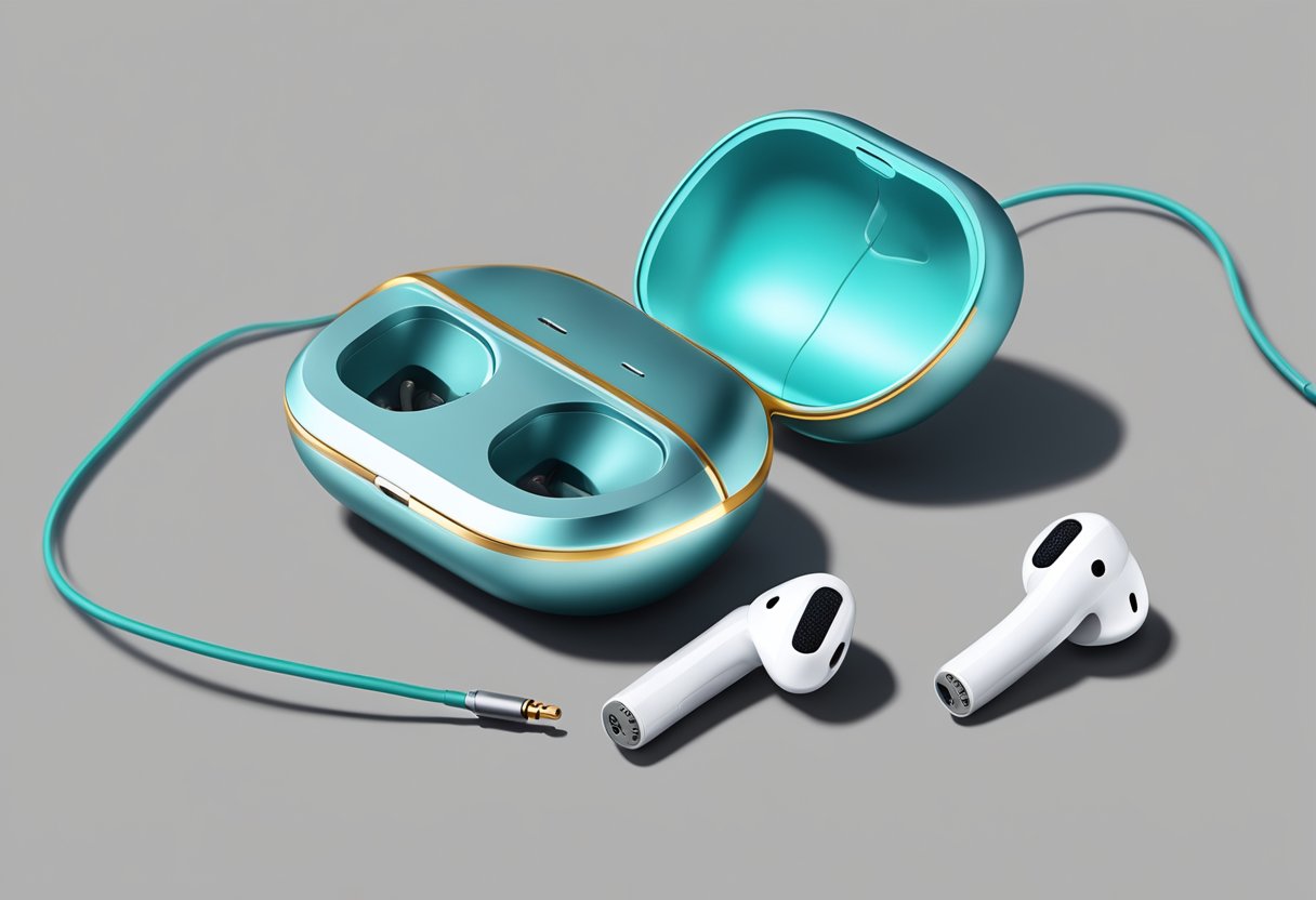 An open AirPod hacked with electronic wires connecting to an old-fashioned hearing aid