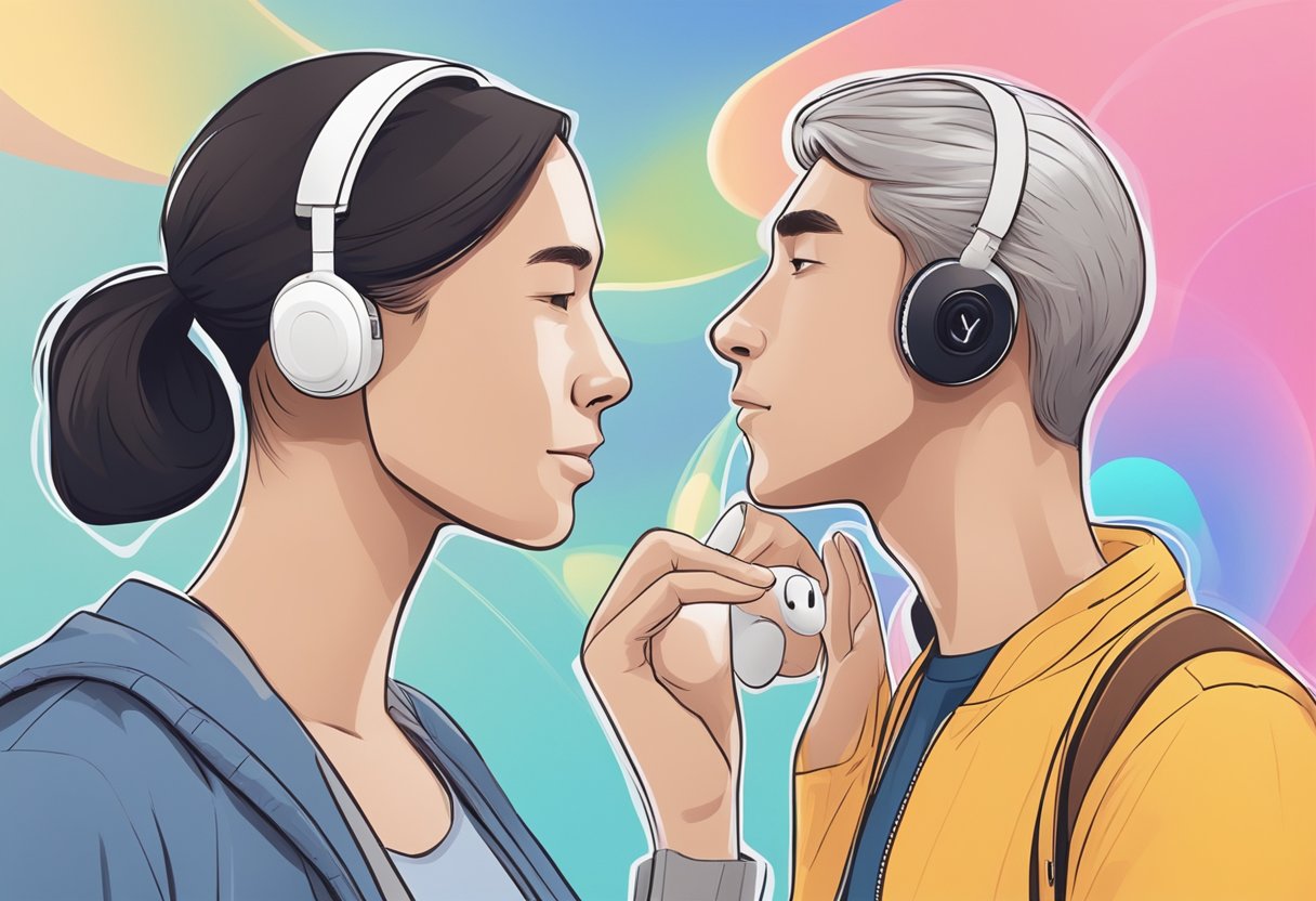 An illustration of two modified AirPods, one emitting sound waves and the other receiving them, with a visual representation of improved hearing