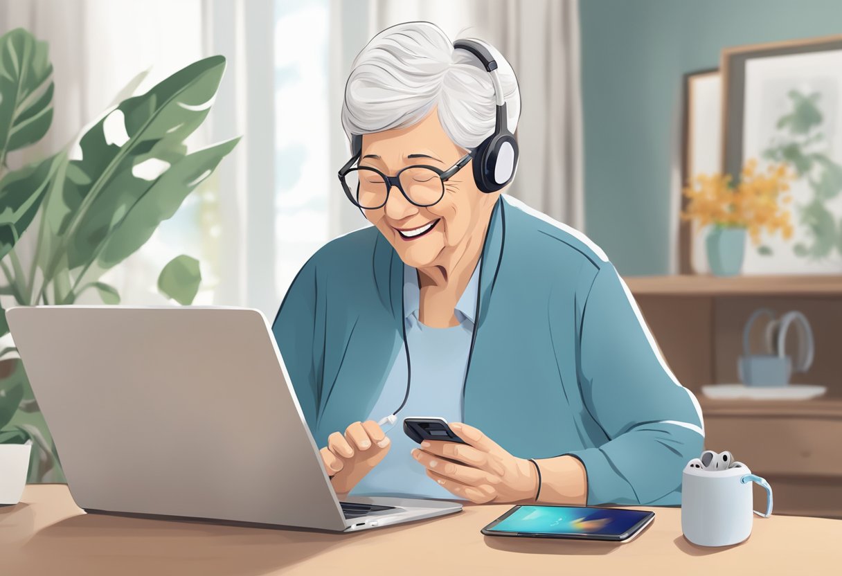 An elderly woman wearing AirPods smiles as she listens to her grandson's voice. He holds a device that he has modified to act as a hearing aid