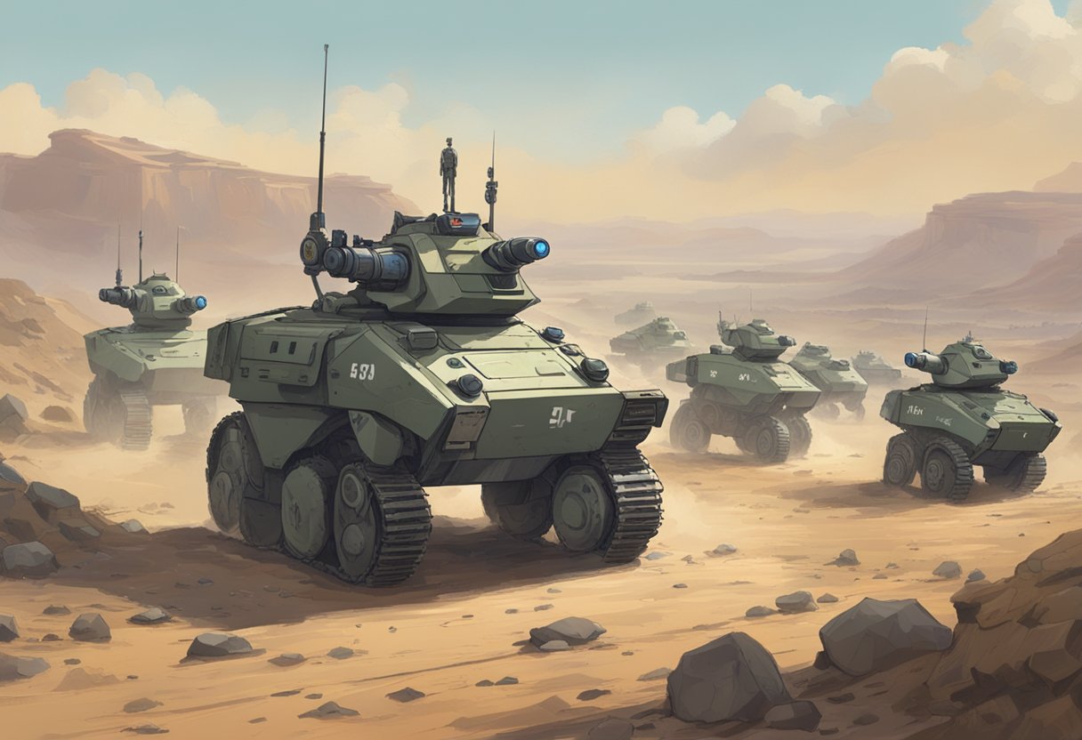 A convoy of AI-powered military robots marches across a barren, war-torn landscape, while human soldiers look on with a mix of awe and fear