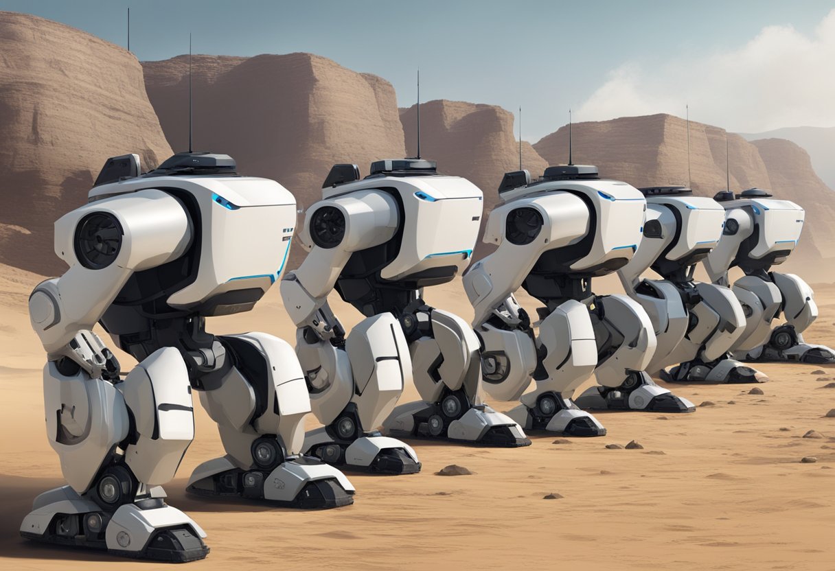 A line of AI-powered military robots stand ready for deployment, their sleek and formidable designs hinting at the potential for disastrous consequences