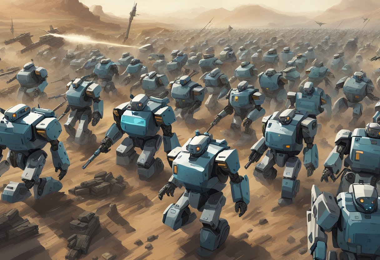 An army of AI-powered robots marching through a battlefield, with advanced weaponry and sensors, replacing human soldiers