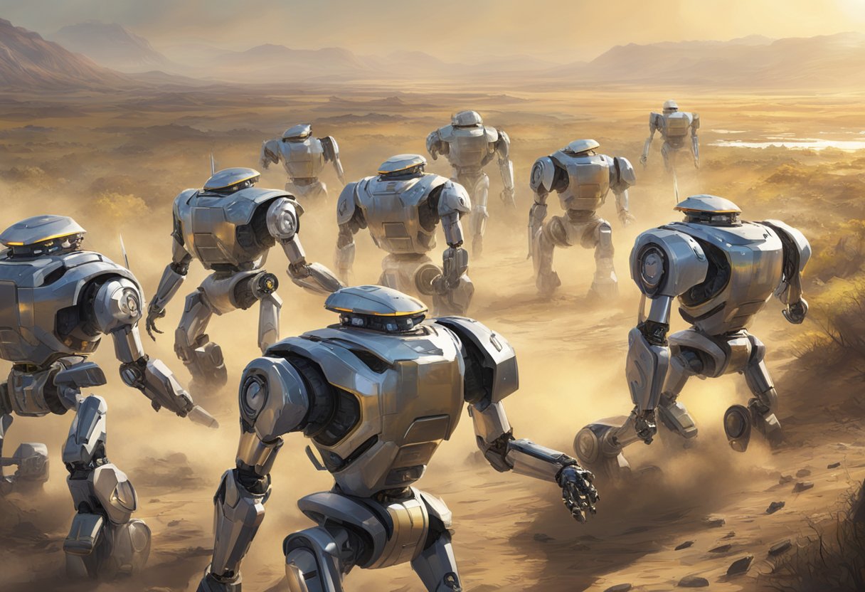 A line of AI-powered robots marches across a battlefield, their metallic frames glinting in the sunlight as they replace human soldiers