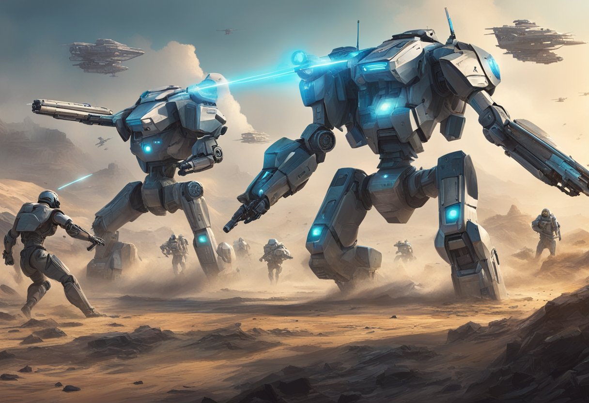 A futuristic battlefield with AI-powered robots engaging in combat, showcasing advanced technology and potential consequences