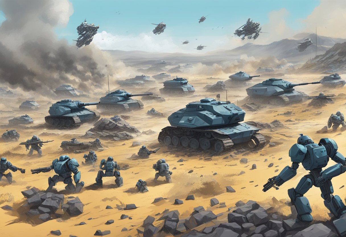 A battlefield filled with AI-powered robots engaged in combat, leaving destruction in their wake