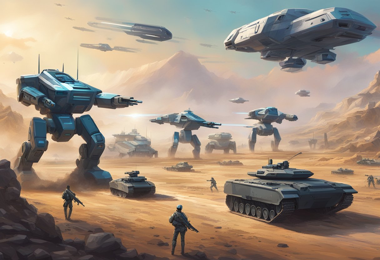 A futuristic battlefield with AI-powered robots standing ready for combat, while military vehicles and drones hover in the background