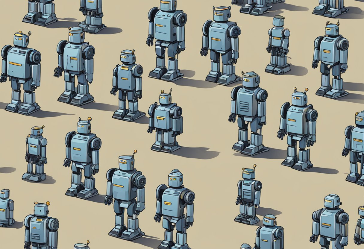 A line of AI-powered robots stand at attention, replacing human soldiers on the battlefield