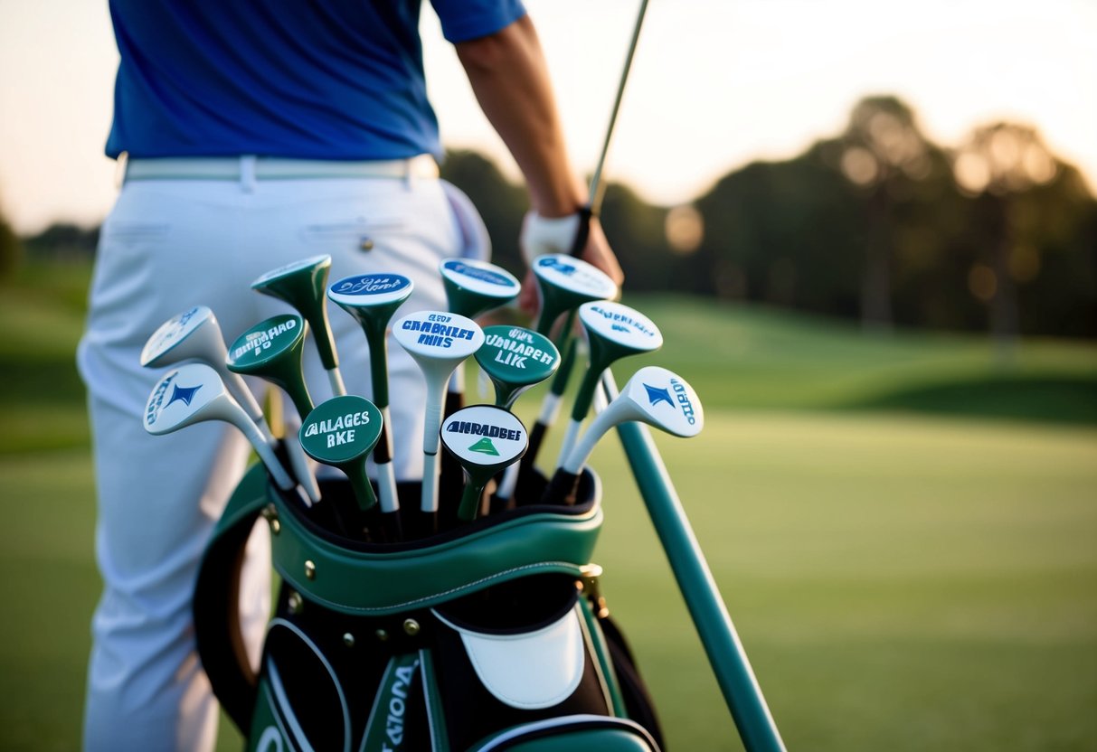 A golf bag filled with various custom golf tees, with a pro golfer's name or logo on each one