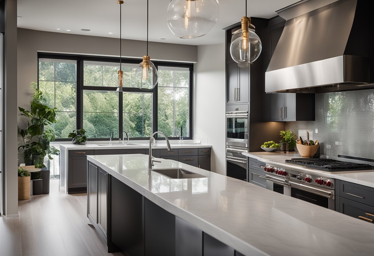 A sleek kitchen with quartz countertops, modern appliances, and natural light pouring in through large windows