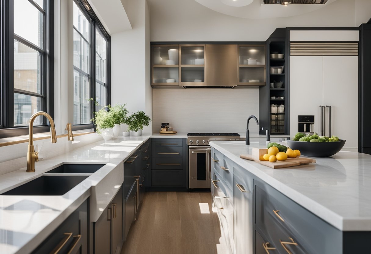 A modern kitchen with sleek quartz countertops in Philadelphia, bathed in natural light from large windows