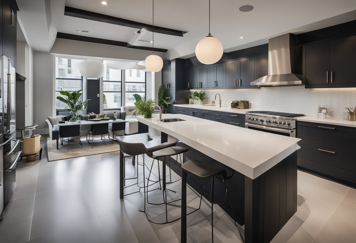 A modern kitchen with sleek white quartz countertops being installed by workers in Philadelphia