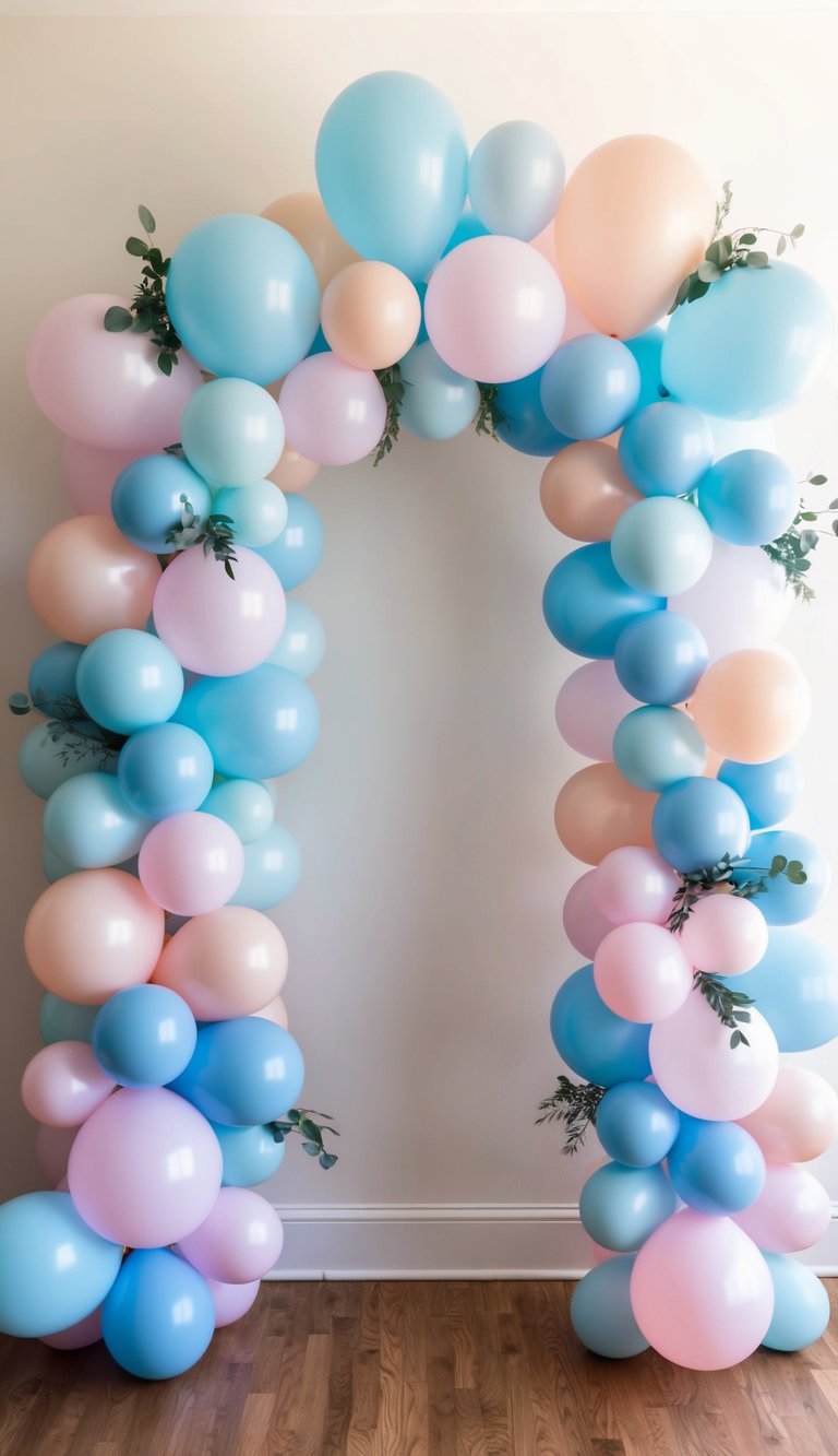 A pastel honeycomb arc of 50 adorable baby shower balloon arches in pastel blue and pink themes
