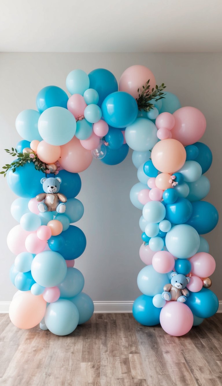 A cluster of 50 adorable baby shower balloon arches in pastel blue and pink themes, with a blue teddy bear motif
