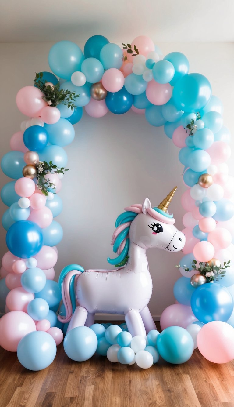 A magical pastel unicorn surrounded by 50 adorable baby shower balloon arches in pastel blue and pink themes