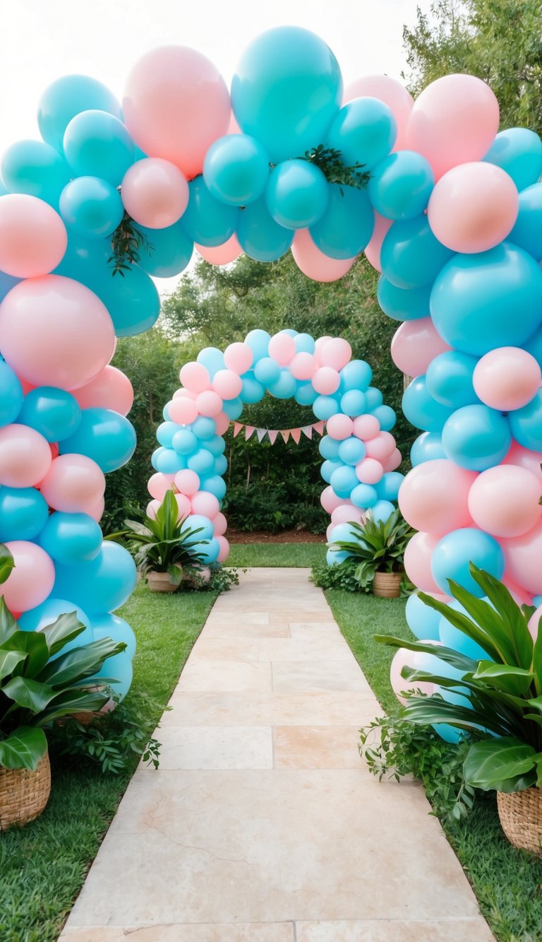 Fifty pastel blue and pink balloon arches form a whimsical path for a Tiny Tiger Adventure-themed baby shower