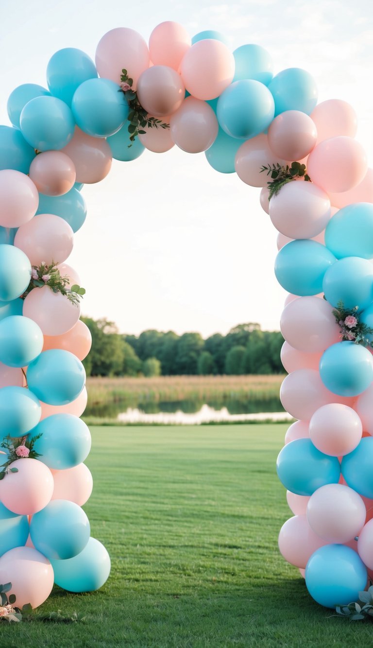 A serene outdoor setting with 50 pastel blue and pink balloon arches creating a soft starburst effect