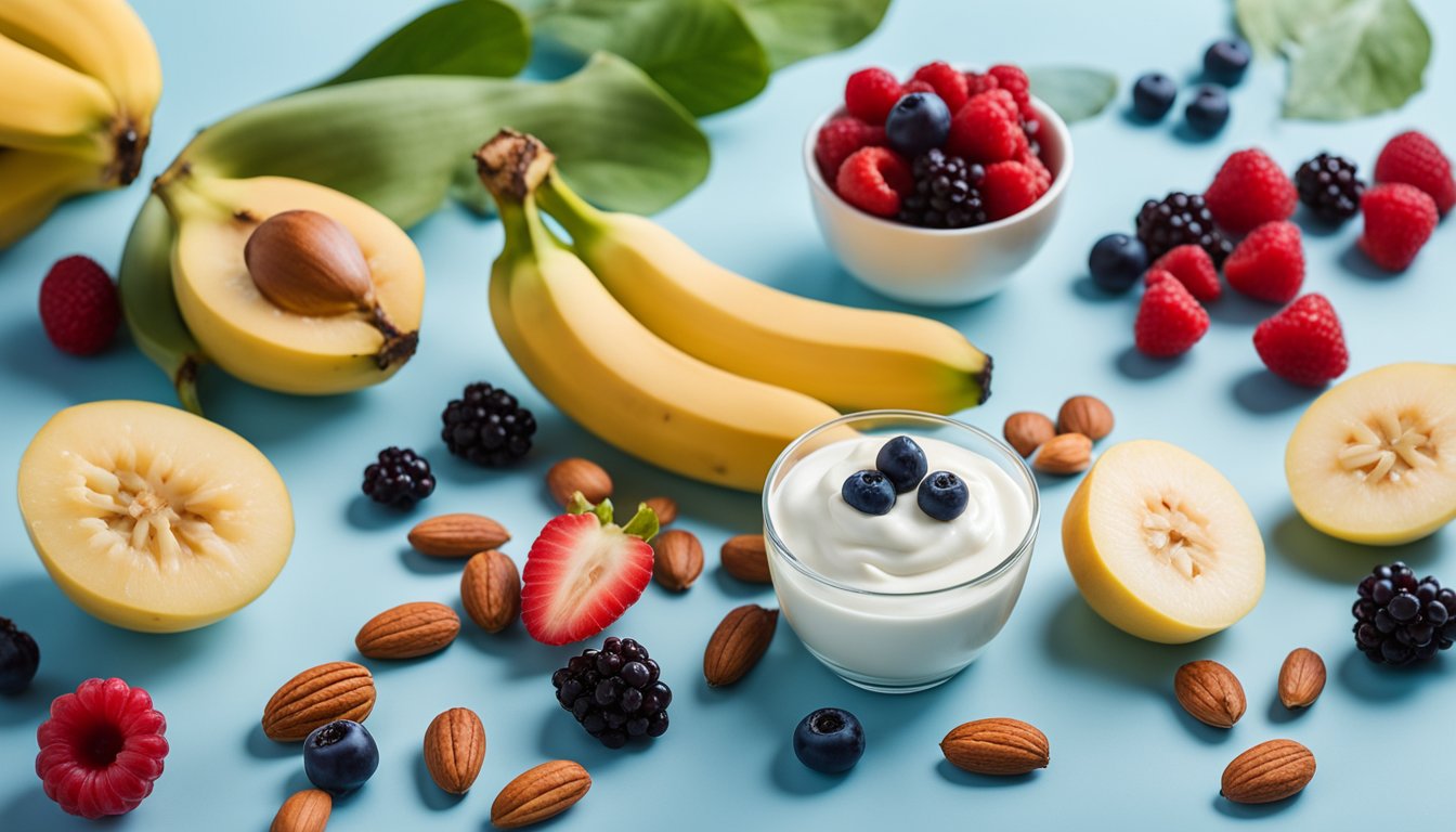 A half-sliced banana, Greek yogurt, nuts, and berries arranged with a measuring tape on a light blue background