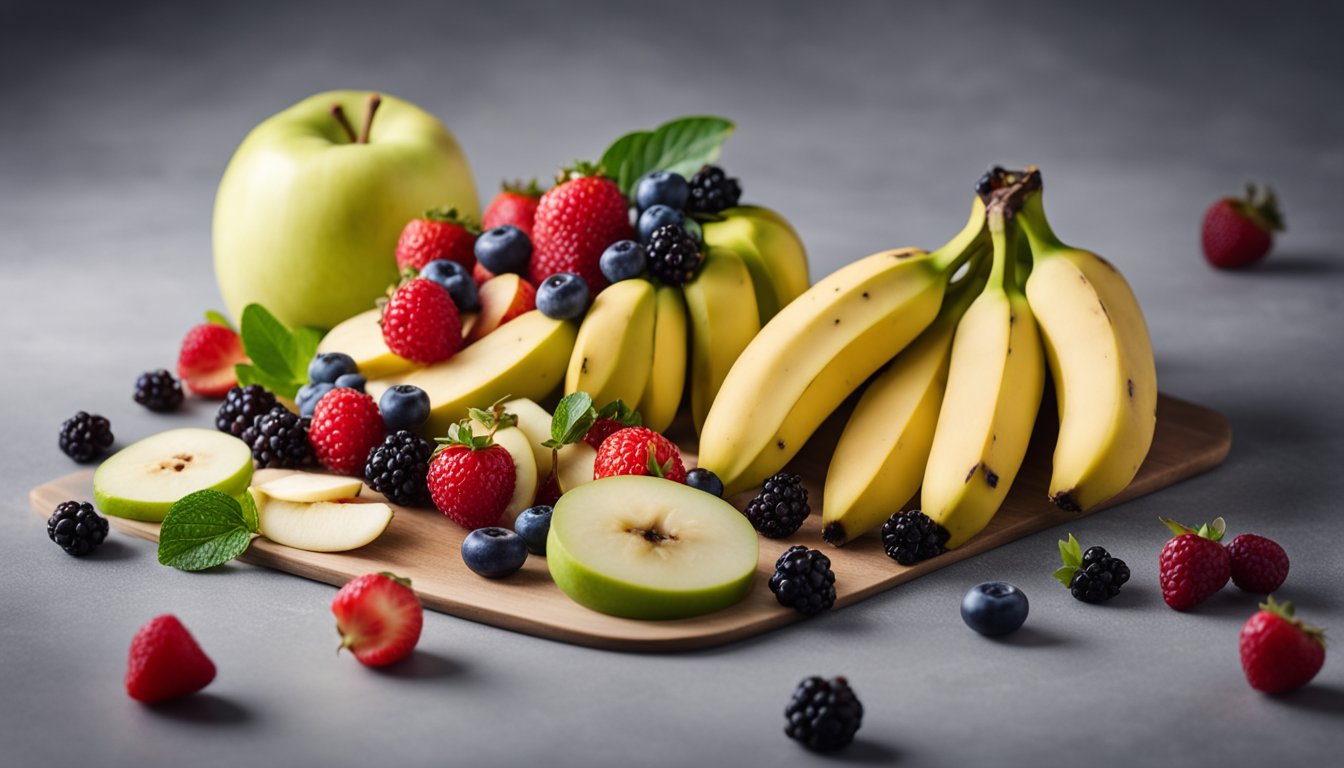 A small banana sliced into portions, paired with berries and apple slices on a neutral gray surface, highlighted by natural lighting