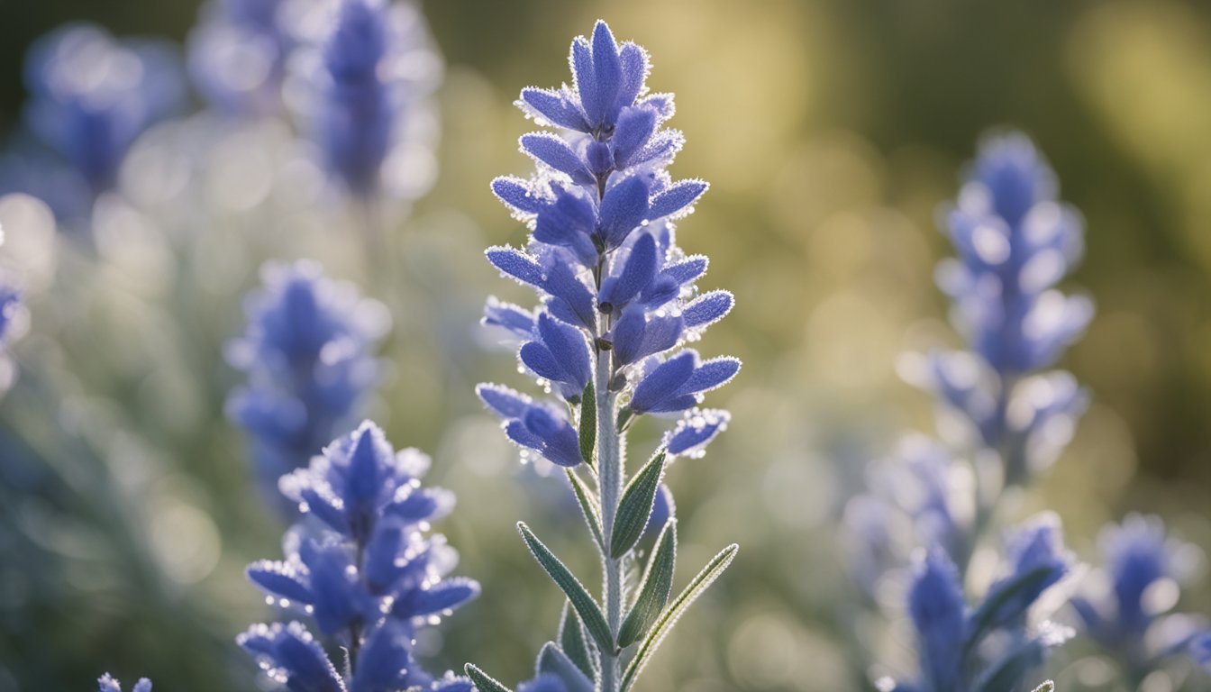 Mealycup Blue Sage's cobalt blooms glisten with dew, set against silvery stems in soft morning light, showcasing their fuzzy texture and vertical growth pattern