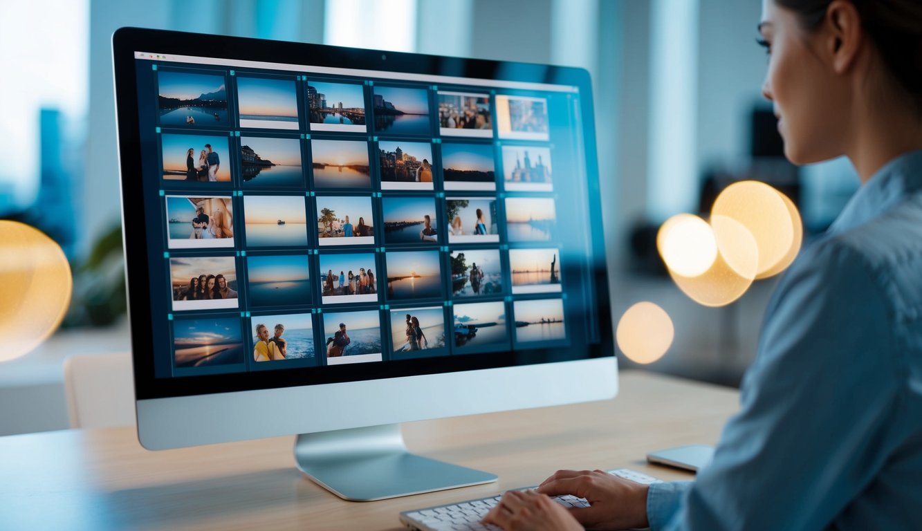 A computer screen with a grid of photos being sorted and organized by an AI algorithm