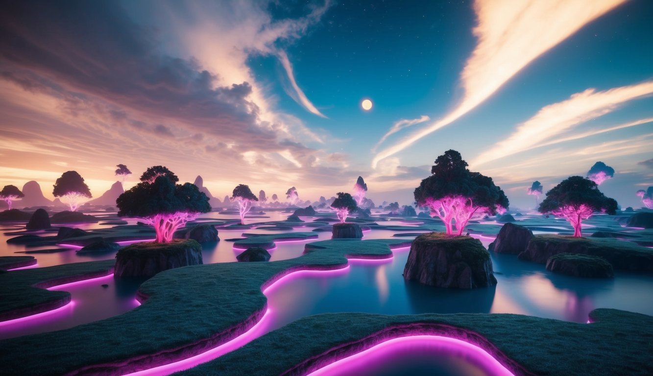 A swirling, dreamlike landscape with floating islands, neon-colored trees, and a glowing, otherworldly sky