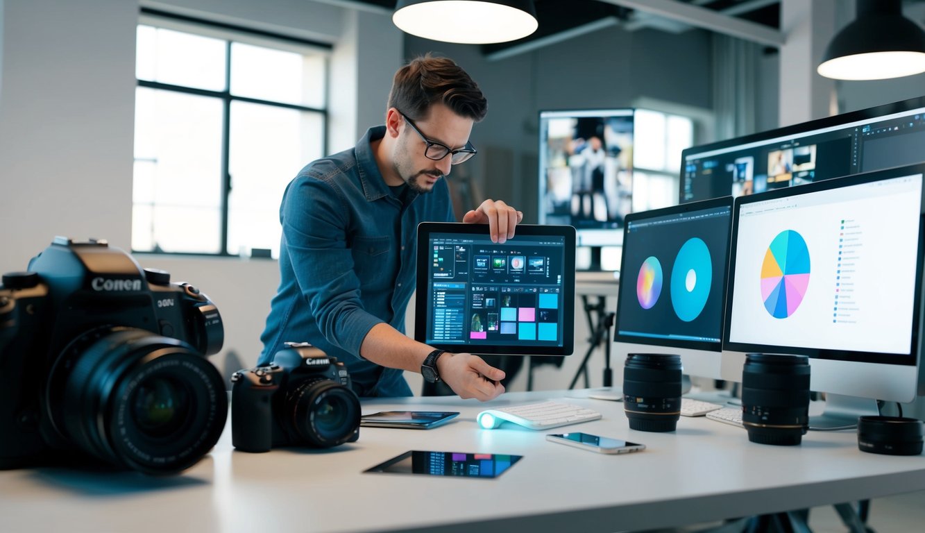 A photographer analyzing composition with AI tools, surrounded by camera equipment and computer screens in a modern studio setting