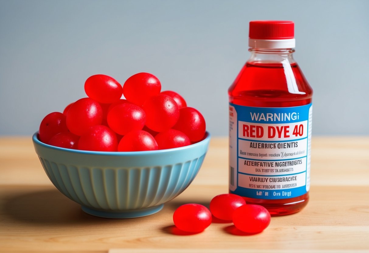 A bowl of bright red candy sits next to a bottle of red dye 40, with a warning label and a list of alternative ingredients