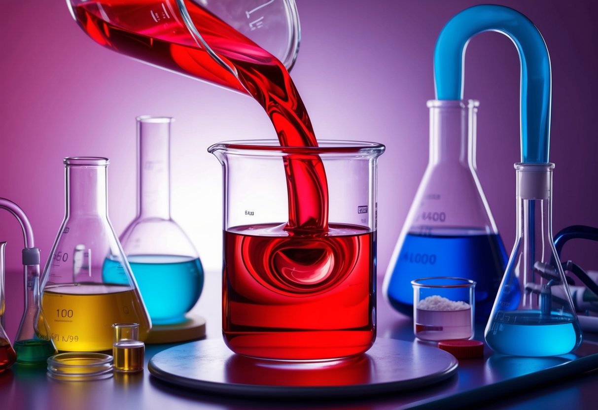 A vibrant red liquid swirling in a clear glass beaker, surrounded by various chemical compounds and laboratory equipment