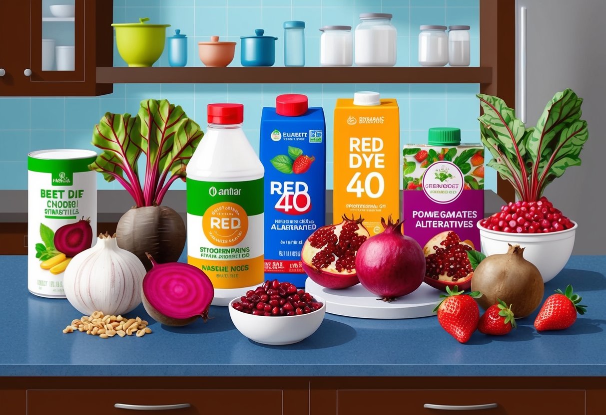 A colorful array of natural ingredients like beets, strawberries, and pomegranates, along with various food products labeled as Red Dye 40 alternatives, displayed on a kitchen counter