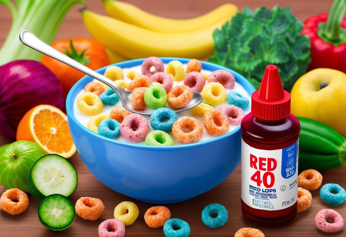 A bowl of Froot Loops cereal with a spoon, surrounded by various fruits and vegetables. A bottle of red dye 40 sits next to the bowl
