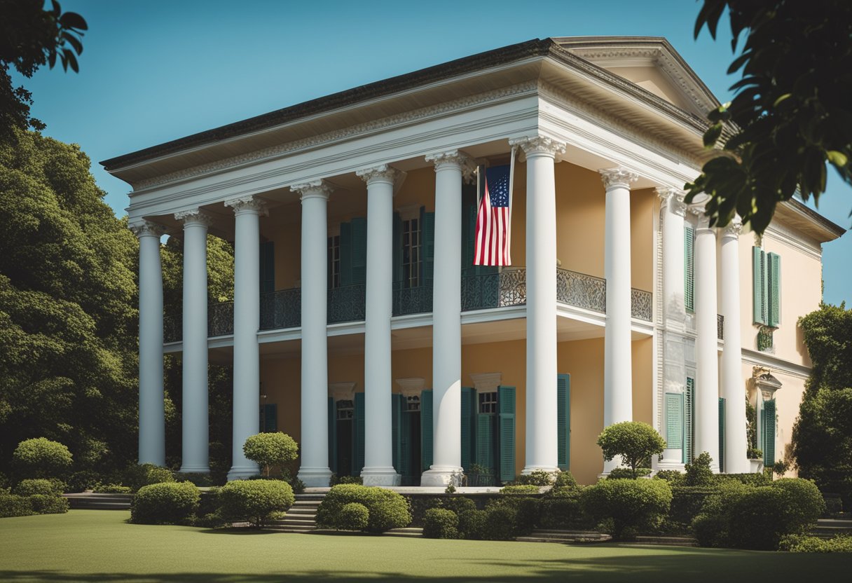 A grand colonial building with columns and a flag flying, set against a backdrop of lush greenery and a clear blue sky