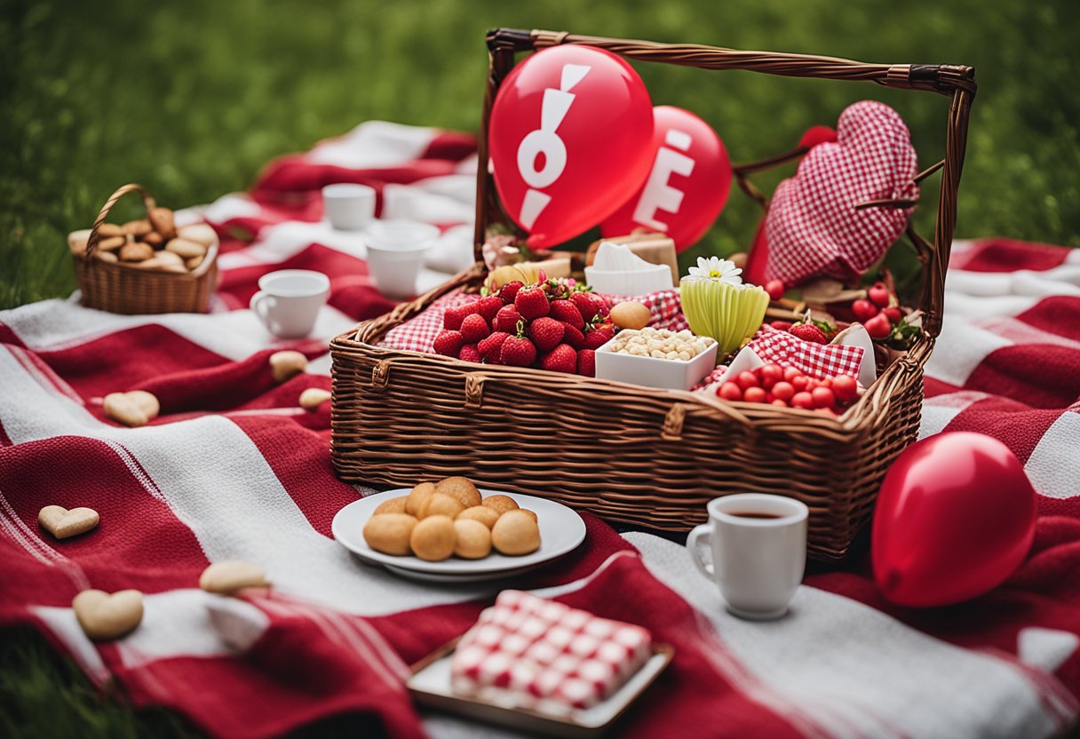 A cozy picnic setup with a red checkered blanket, heart-shaped balloons, and a basket of flowers and chocolates for Valentine Photoshoot