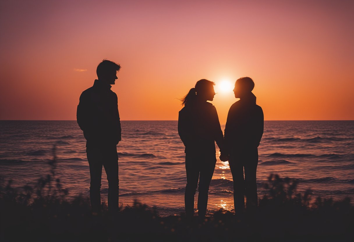 A couple's silhouette embraces under a vibrant orange and pink sunset, with the sun dipping below the horizon