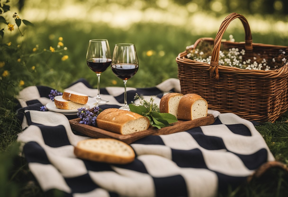 A checkered blanket spread under a leafy tree, with a wicker basket and scattered wildflowers. A pair of wine glasses and a loaf of bread complete the cozy picnic scene