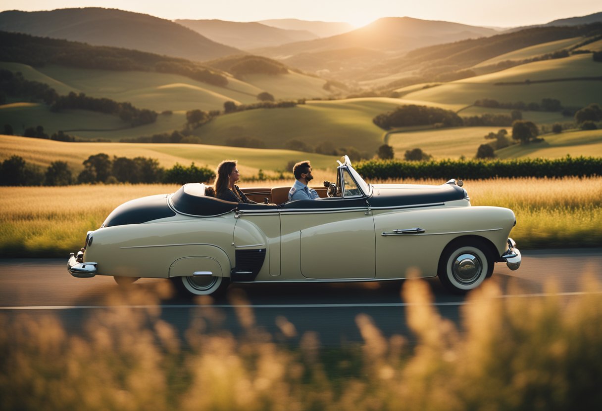 A couple in a vintage car, driving through a scenic countryside with rolling hills and a warm, golden sunset in the background