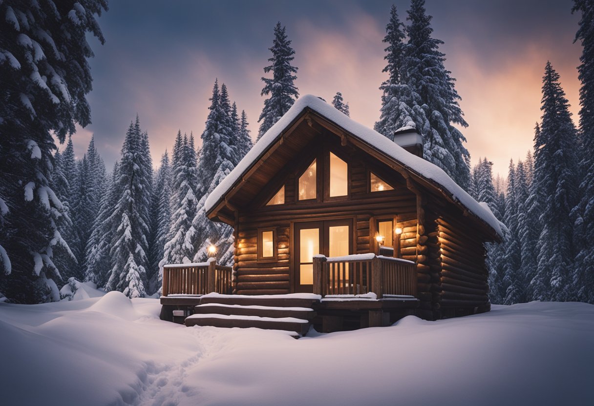 A cozy cabin nestled in a snow-covered forest, with a warm glow emanating from the windows, surrounded by untouched white snow