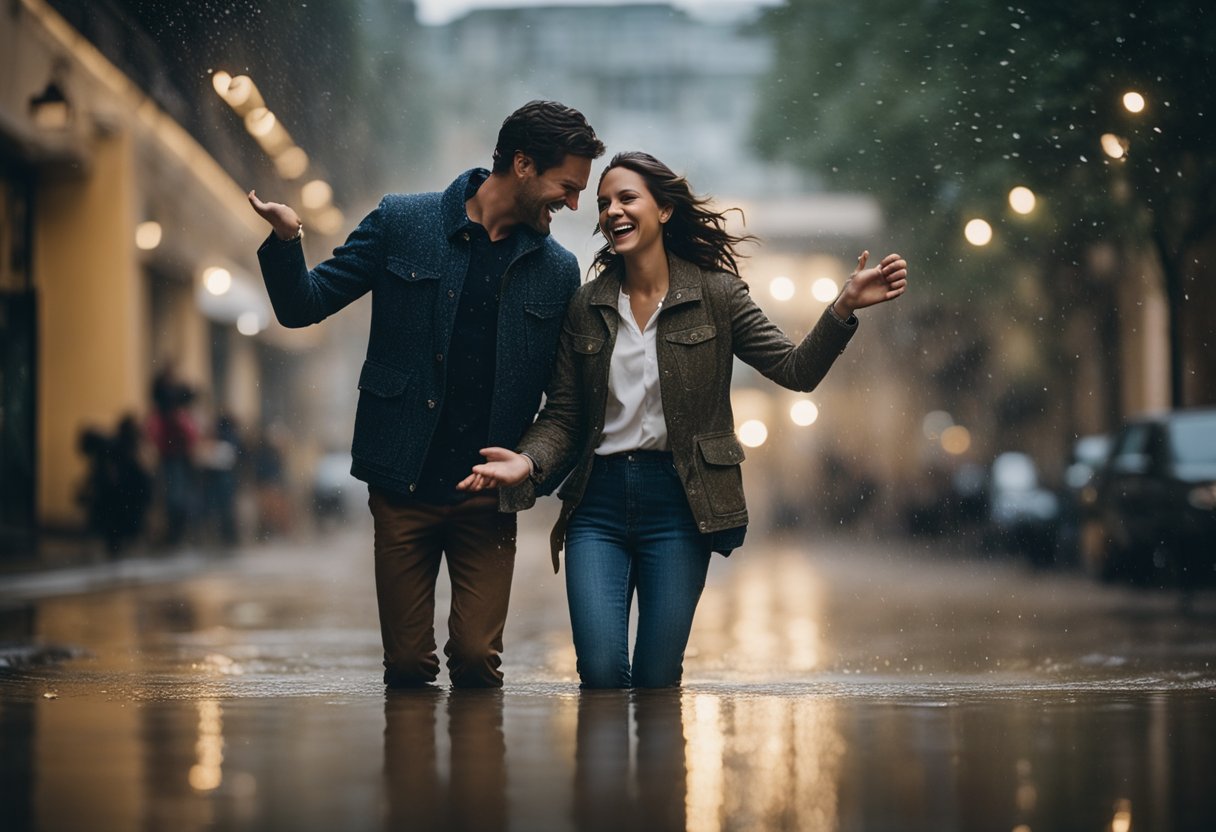 A couple twirls under a downpour, laughing and splashing in puddles