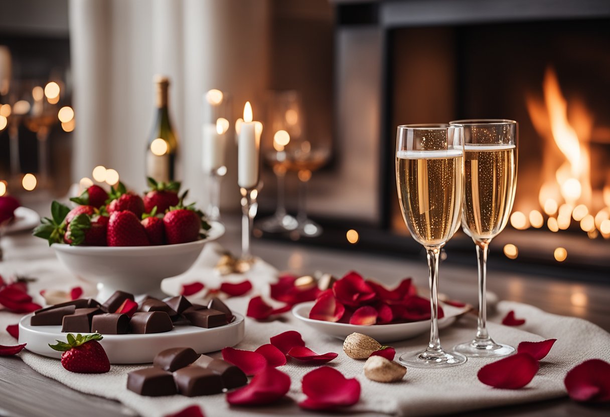 A cozy living room with a fireplace, candles, and rose petals scattered on the floor. A table set with champagne glasses and chocolate-covered strawberries