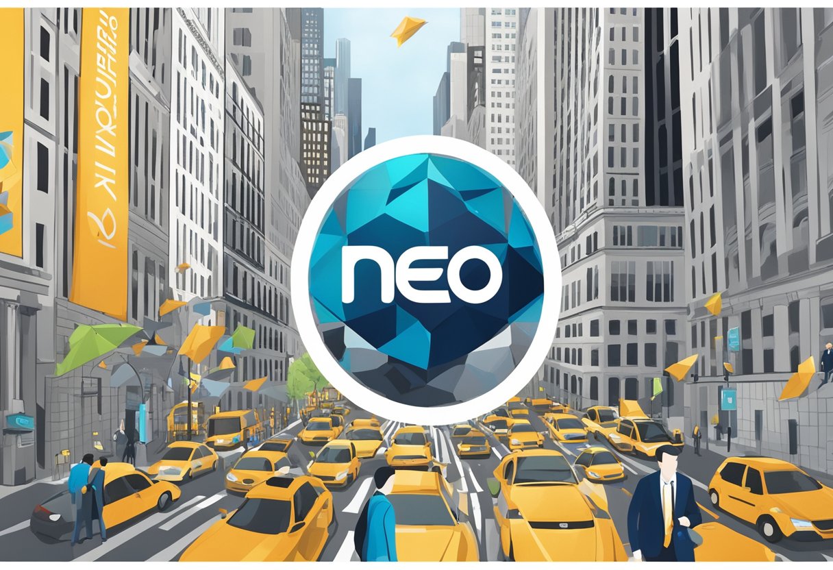 Neo4j's logo hovers over a bustling Wall Street, surrounded by iconic skyscrapers and a backdrop of the New York Stock Exchange