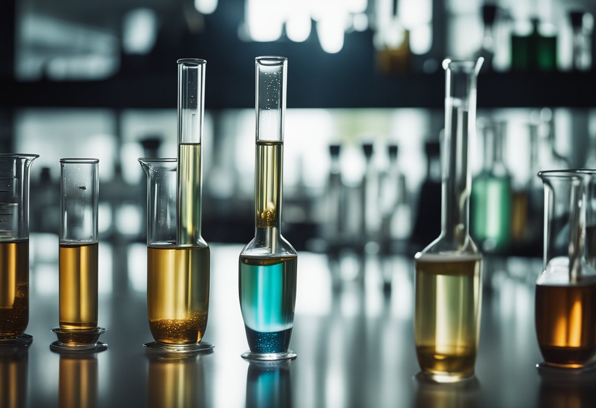 Two test tubes with different colored liquids being poured into beakers on a lab bench