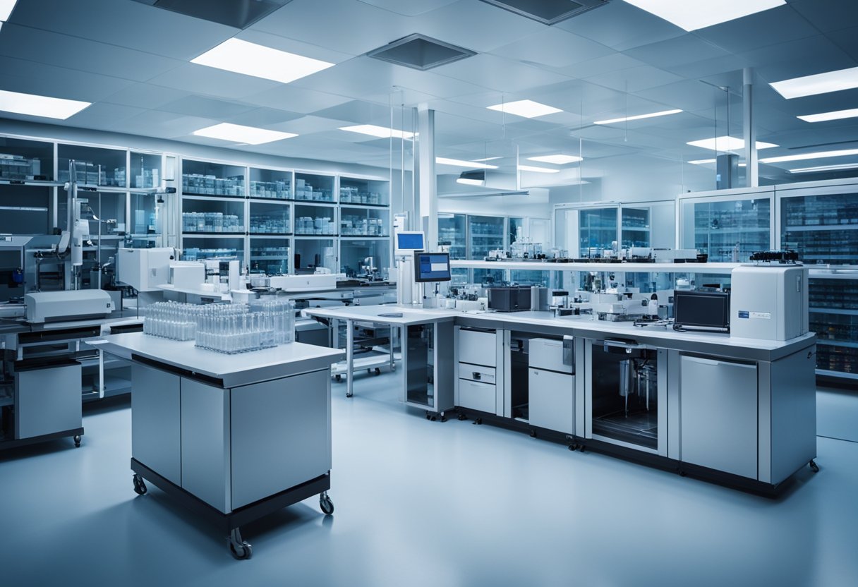 A modern laboratory with state-of-the-art equipment and a team of professional scientists processing and storing cord blood samples