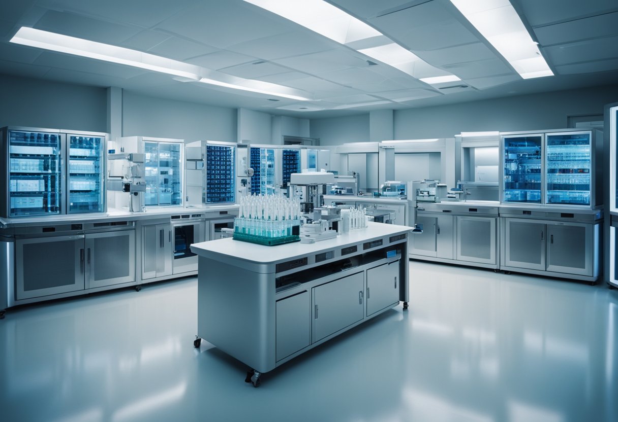 A futuristic laboratory with advanced medical equipment and a storage facility for cord blood samples