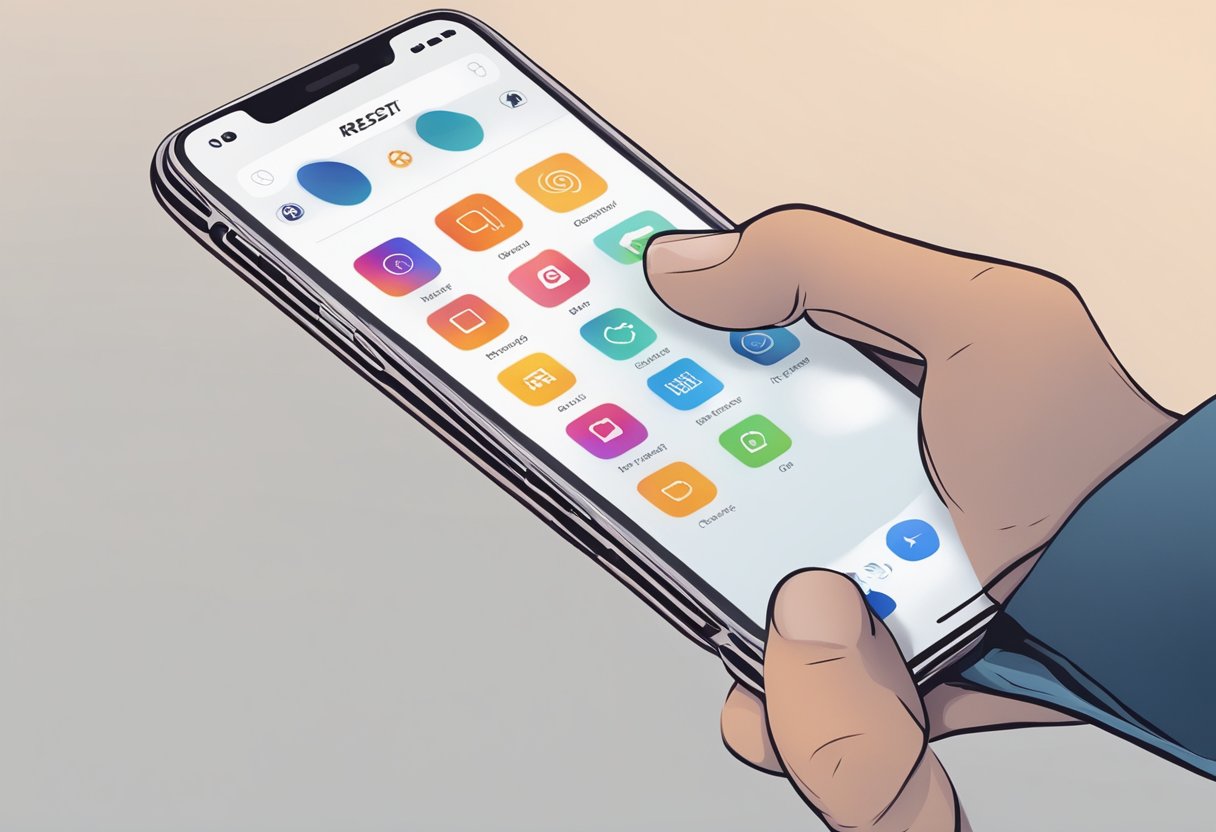 A hand holding a smartphone, tapping the "reset" button on the Instagram app. The screen shows a blank slate, ready for new recommendations to be built