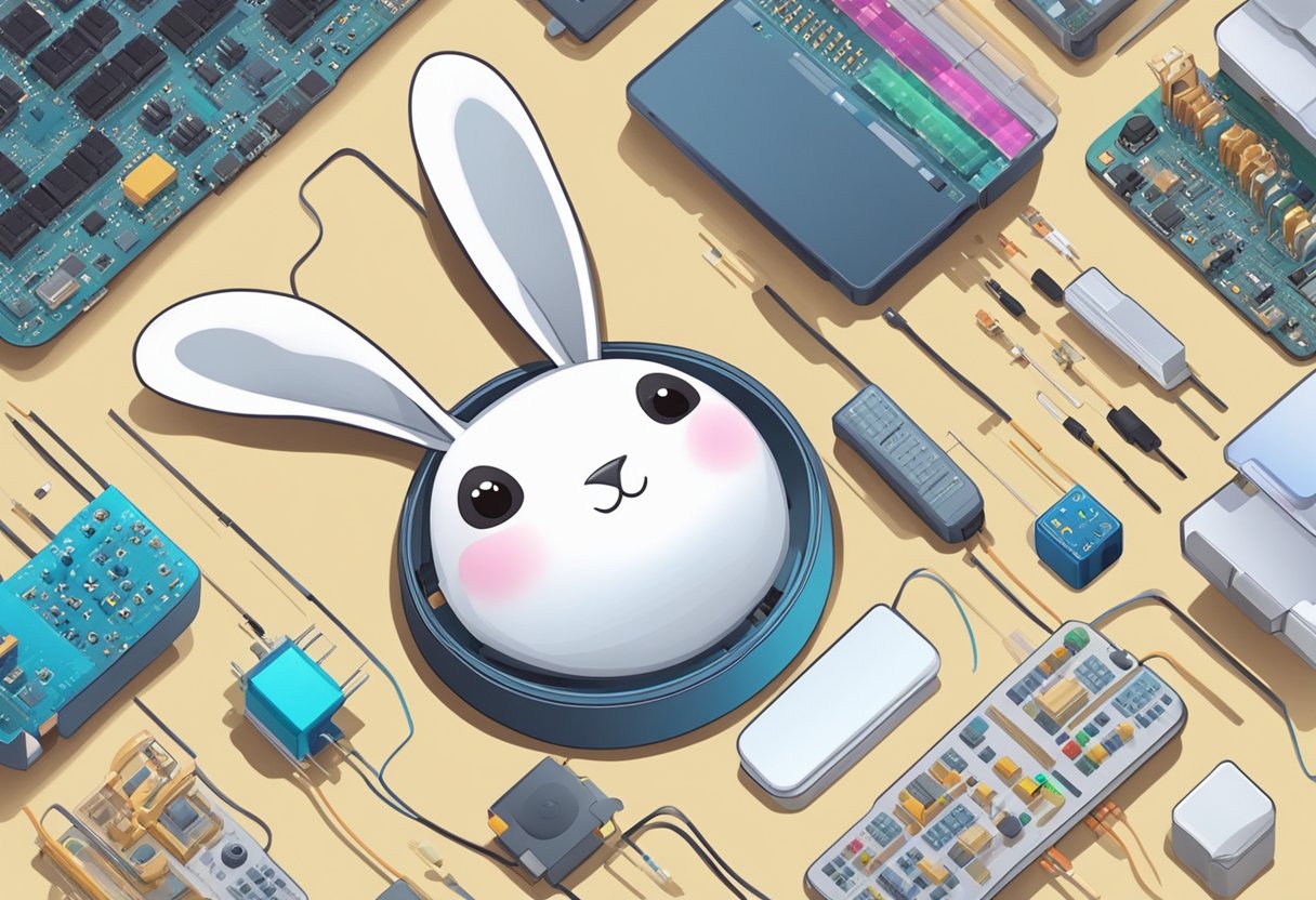 A small, sleek device with long ears and a fluffy white tail, resembling a rabbit, sits on a table surrounded by electronic components