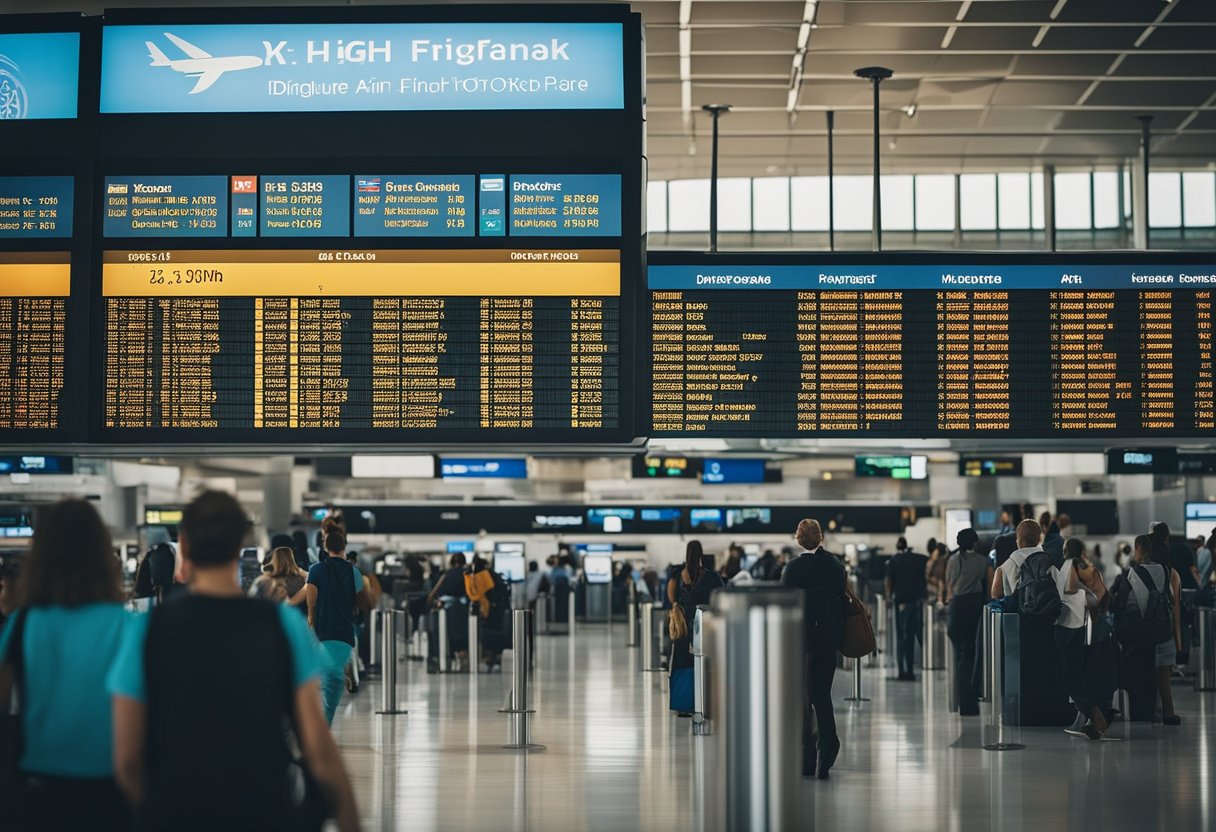 Un terminal aeroportuale affollato con un tabellone digitale dei voli che mostra opzioni di tariffe scontate. I viaggiatori confrontano i prezzi sui loro smartphone.