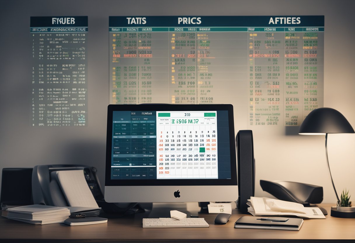 Un calendario con date evidenziate, un mazzo di soldi e uno schermo del computer che mostra opzioni di volo e prezzi