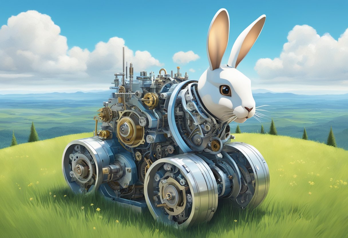 A small mechanical rabbit with gears and circuitry, sitting on a grassy hilltop with a clear blue sky in the background