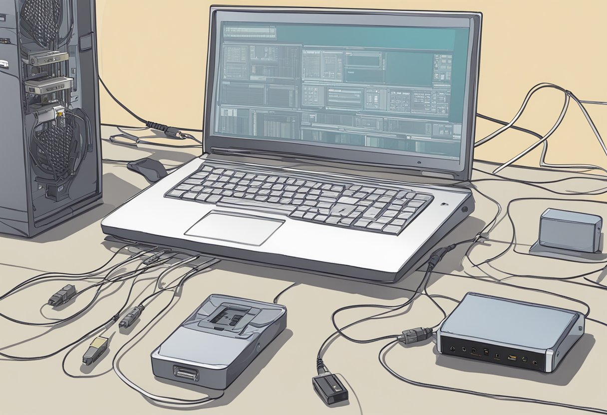 A small rabbit-shaped electronic device on a table, surrounded by cables and a computer screen displaying configuration settings