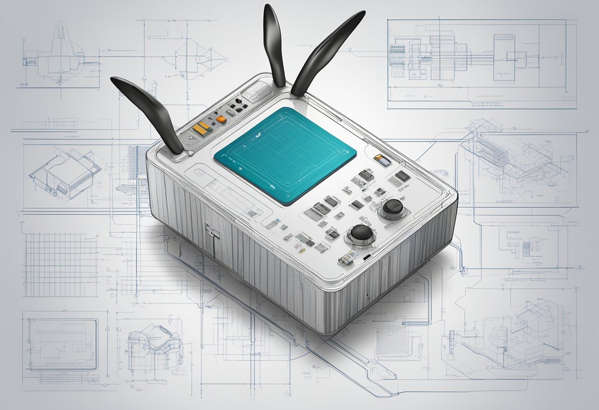 A small, sleek electronic device with rabbit ear-like antennas sits on a table, surrounded by technical schematics and diagrams